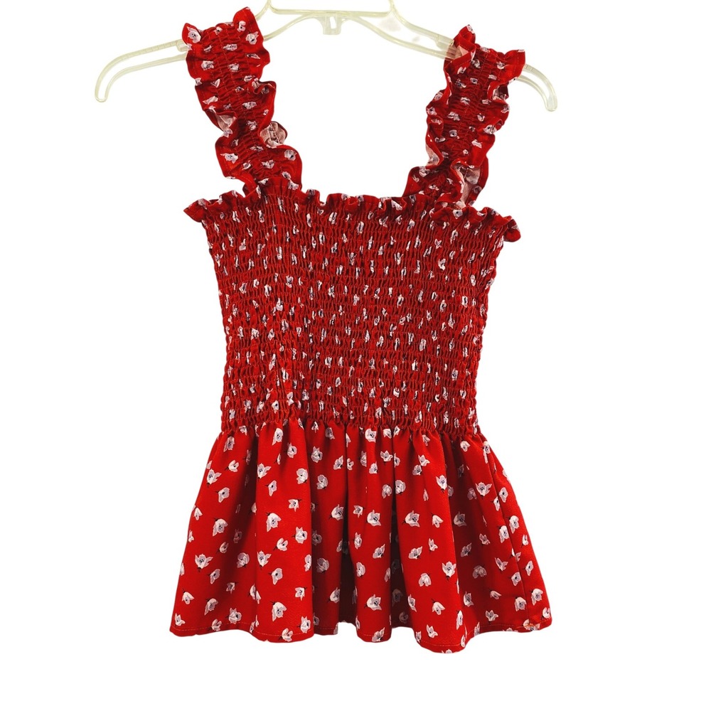 Red Floral Smocked Top Womens Medium Ruffle Strap Sleeveless Floral Blouse Beach